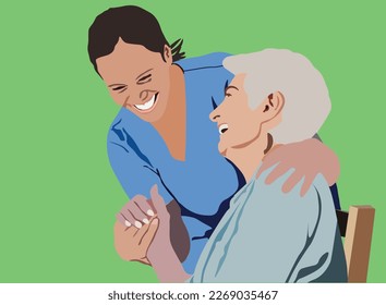 A female caregiver smiles while holding the hand of an elderly woman. Caretaker on duty illustration vector
