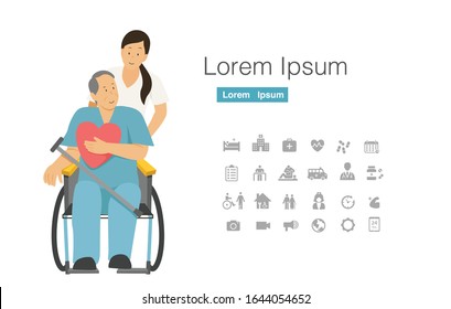 female caregiver take care old man cartoon character design with icon set 