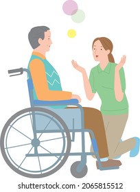 A female caregiver talking to an elderly man sitting in a wheelchair. Vector illustration