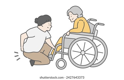 A female caregiver who hurt her back and an elderly woman in a wheelchair
