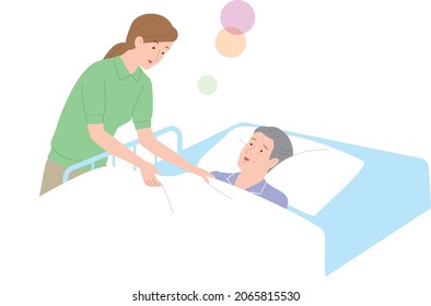 A female caregiver who takes care of an elderly man sleeping in bed. Vector illustration 