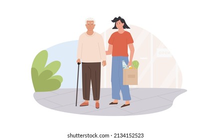 Mujer cuidadora y anciana haciendo compras. Escena de voluntarios con personas mayores ayudando a comprar comestibles. Trabajadora social ayudando al abuelo. Servicios de enfermería en casa para jubilados. Ilustración vectorial.