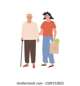 Female caretaker and elderly man doing shopping. Volunteer with senior person helping to buy groceries. Social worker helping grandpa. Nursing retirement home services. Vector isolated illustration.