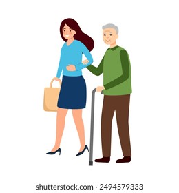 Female caretaker and elderly man doing shopping. Volunteer with senior person helping to buy groceries. Social worker helping grandpa. Nursing retirement home services.