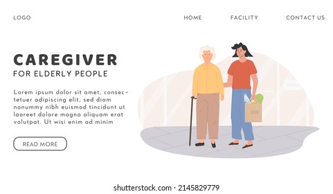 Female caretaker and elderly woman doing shopping. Scene of volunteer with senior person helping to buy groceries. Nursing retirement home services. Caregiver vector banner template in flat style.