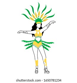 Female in carnival clothing flat silhouette vector illustration. Lady in body adornment. Brazil carnival 2D isolated character on white background. Masquerade. Girl in ethnic wear simple style drawing