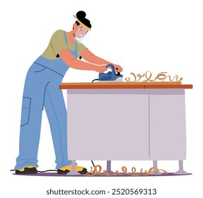 Carpenter Feminino Se Concentra Em Adesivar Uma Superfície De Madeira Usando Equipamentos De Segurança Envolvidos Em Trabalhos De Carpintaria. Imagem De Vetor De Desenho Animado Ilustrando O Artesanato Enquanto Ela Se Dedica À Arte De Marcenaria