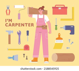 Female carpenter holding wooden planks. She has a bunch of woodworking tools around her. flat design style vector illustration. svg