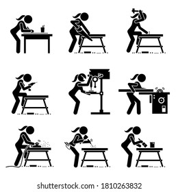 Female carpenter making wooden craft with industrial tools and equipment stick figure icons. Vector illustrations of a skillful woman working in a workshop or carpentry mill.  svg