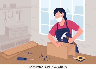 Female carpenter in mask and protective glasses at work flat color vector illustration. Woman with hummer at workbench. Contractor 2D cartoon character with woodworking studio interior on background