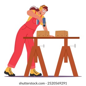 Female Carpenter Using A Drill To Work On Wooden Blocks While Wearing Protective Gear In A Workshop Setting. Cartoon Vector Illustration Captures The Essence Of Creativity, Skill, And Craftsmanship