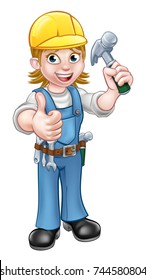 A female carpenter woman cartoon character holding a hammer and giving a thumbs up