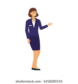 Female cartoon businesswoman in work suit standing and smiling. Friendly professional woman standing and waving, wearing working uniform, isolated flat vector illustration on white background