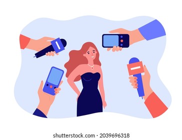 Female cartoon celebrity in dress and hands with mics. Journalists interviewing famous actress flat vector illustration. Interview, media concept for banner, website design or landing web page