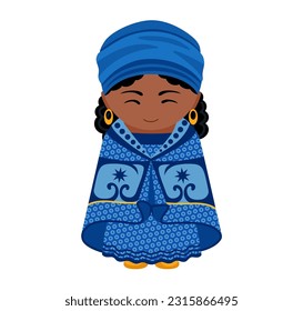 Caricatura femenina en vestimenta étnica de manta basotho. Mujer disfrazada con traje nacional en Lesoto. Ilustración vectorial plana aislada.