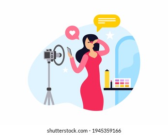 Female cartoon character beauty blogger applying makeup. Woman doing makeup and recording video. Cosmetics product review. Self-made make up. Flat vector illustration