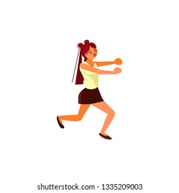 Female cartoon character chasing someone. Frightened teenage girl in skirt running away. Flat Art Vector illustration