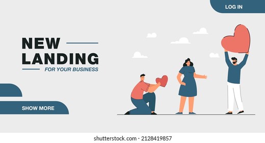 Female cartoon character choosing man holding bigger heart. Girl rejecting male character with small heart, love triangle flat vector illustration. Romance, relationship, rejection concept for banner