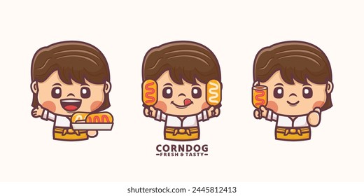 female cartoon character with corn dog, vector illustration in outline style, suitable for culinary identity, cartoon icon, sticker, etc.