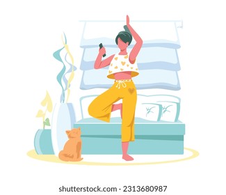 Female cartoon character doing exercises at home. Girl does yoga using application on her phone. Fitness trainer online. Classes in comfortable clothes, next to cat Regular physical activity