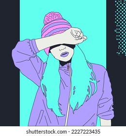 Female cartoon character in fall winter look. Flat colored vector illustration. Stylish girl in trendy accessories