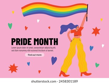 Female cartoon character hold rainbow flag during Pride month, gay parade celebrations, lgbt festival, people against descrimination. human rights, equality. Web banner, poster design for social media