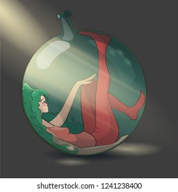 Female cartoon character lying in a transparent glass bottle. Magic potion icon. Vector illustration for app interface.