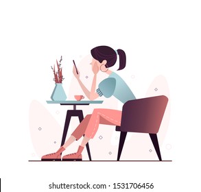Female cartoon character with mobile phones. Flat vector illustration. Message text bubble. Woman using mobile app for chating,online banking and business growing. 