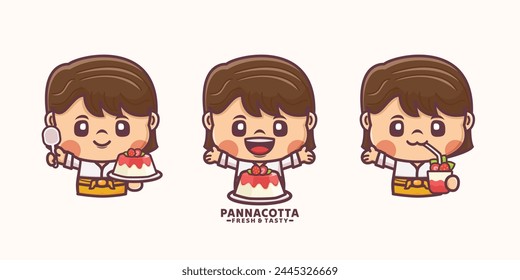 female cartoon character with panna cotta, vector illustration in outline style, suitable for culinary identity, cartoon icon, sticker, etc.