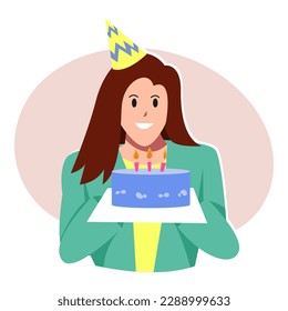 female cartoon character in party hat holding birthday cake. concept of celebration, birthday, party. for greeting card, print, poster, sticker. flat vector illustration.