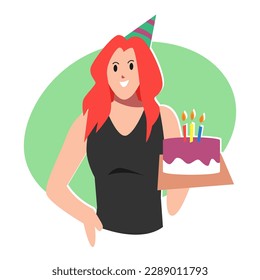female cartoon character in party hat holding birthday cake. concept of celebration, birthday, party. for greeting card, print, poster, sticker. flat vector illustration.