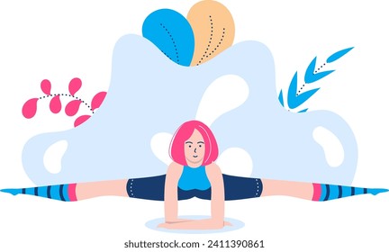 Caricatura femenina interpretando divisiones de yoga. Mujer de cabello rosa haciendo ejercicio físico en un fondo abstracto. Ilustración vectorial de concepto de bienestar y flexibilidad.