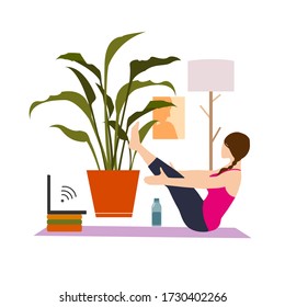 Female cartoon character practicing Hatha yoga. Woman doing workout indoor. Sport exercise at home. Yoga and fitness, healthy lifestyle. Flat vector illustration. Yogi woman in Paripurna Navasana