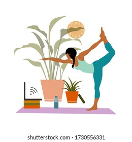 Female cartoon character practicing Hatha yoga. Woman doing workout indoor. Sport exercise at home. Yoga and fitness, healthy lifestyle. Flat vector illustration. Yogi woman in Utthita Ardha Dhanurasa
