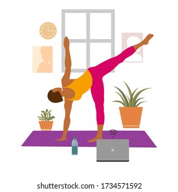 Female cartoon character practicing Hatha yoga. Woman doing workout indoor. Sport exercise at home. Yoga and fitness, healthy lifestyle. Flat vector illustration. Yogi woman in Utthita triconasana 