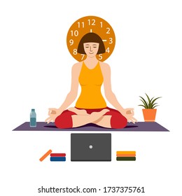 Caricatura femenina practicando yoga Hatha. Mujer haciendo ejercicio en interiores. Ejercicio deportivo en casa. Yoga y fitness, estilo de vida saludable. Ilustración vectorial plana. Mujer yogi en Ardha padmasana 