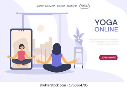 Female cartoon character practicing yoga and fitness, healthy lifestyle, online workout at home. Online workout concept. Vector flat illustration  landingpage, banner for web site
