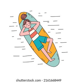 Female cartoon character are resting on a sup board. Hand drawn flat design style minimal vector illustration in color.