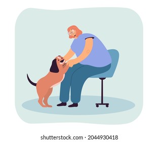 Female cartoon character sitting on chair and petting cute dog. Girl playing with domestic animal flat vector illustration. Pets, love, care concept for banner, website design or landing web page