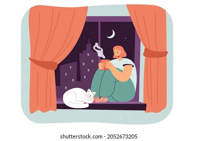 Female cartoon character sitting on window sill with cat. Lonely woman drinking and enjoying hot tea or coffee while looking outside flat vector illustration. Home office, quarantine, pets concept