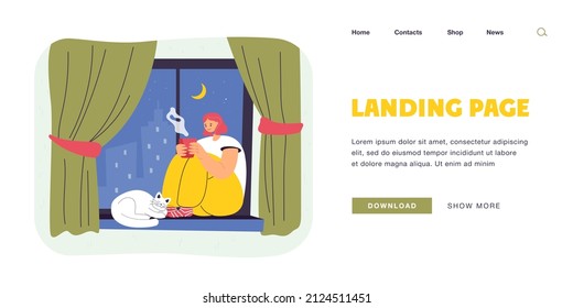 Female cartoon character sitting on window sill with cat. Lonely woman drinking and enjoying hot tea or coffee while looking outside flat vector illustration. Home office, quarantine, pets concept