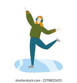 Female cartoon character skating on ice. Young woman wearing winter sweater, ear muffs and ice skates enjoying outdoor sport activity. Hand drawn flat vector illustration. Seasonal wintertime hobby