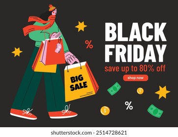 Female cartoon character walking with shopping bags vector illustration. Black Friday customer holding gifts. Woman buyer going with lot of purchases in hands. Banner design for web store, discount 