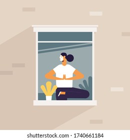 Female cartoon character in window. Facade of a brick house with a window. A young, beautiful woman practices yoga at home with a mask on her face. Vector illustration in flat design, square format. 