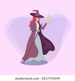 Female cartoon character in witch hat with magic wand vector illustration. Magician personage, game hero, fairytale creature. Fantasy, fairytale concept. Ideas for computer games design