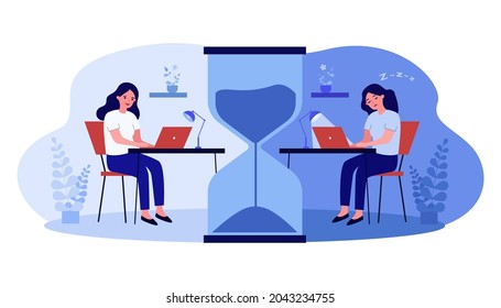 Female cartoon character working late at home or office. Energized and sleepy women at desk separated by huge hourglass flat vector illustration. Workplace, deadline concept for banner, website design