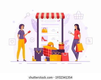 Female cartoon characters choose and pay for purchases in an online woman clothing and accessories store. Smartphone web store application. Flat style vector illustration