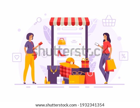 Female cartoon characters choose and pay for purchases in an online woman clothing and accessories store. Smartphone web store application. Flat style vector illustration
