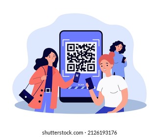 Personajes de dibujos animados femeninos escaneando códigos QR con smartphones. Gran teléfono móvil con código de barras en ilustración vectorial plana de fondo. Tecnología, coronavirus, concepto de seguridad para banner, página de inicio