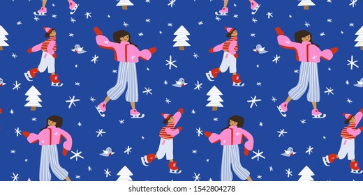Female cartoon characters winter outdoor activities seamless pattern. Ice skating girl Christmas scene. Snowflake repeat design.